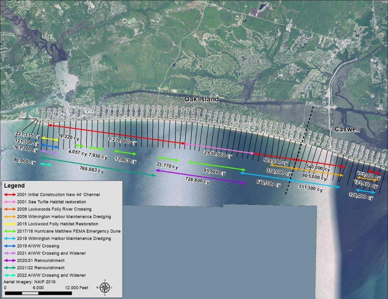 Map and graphic of timing, locations, and sand amounts of beach nourishment efforts