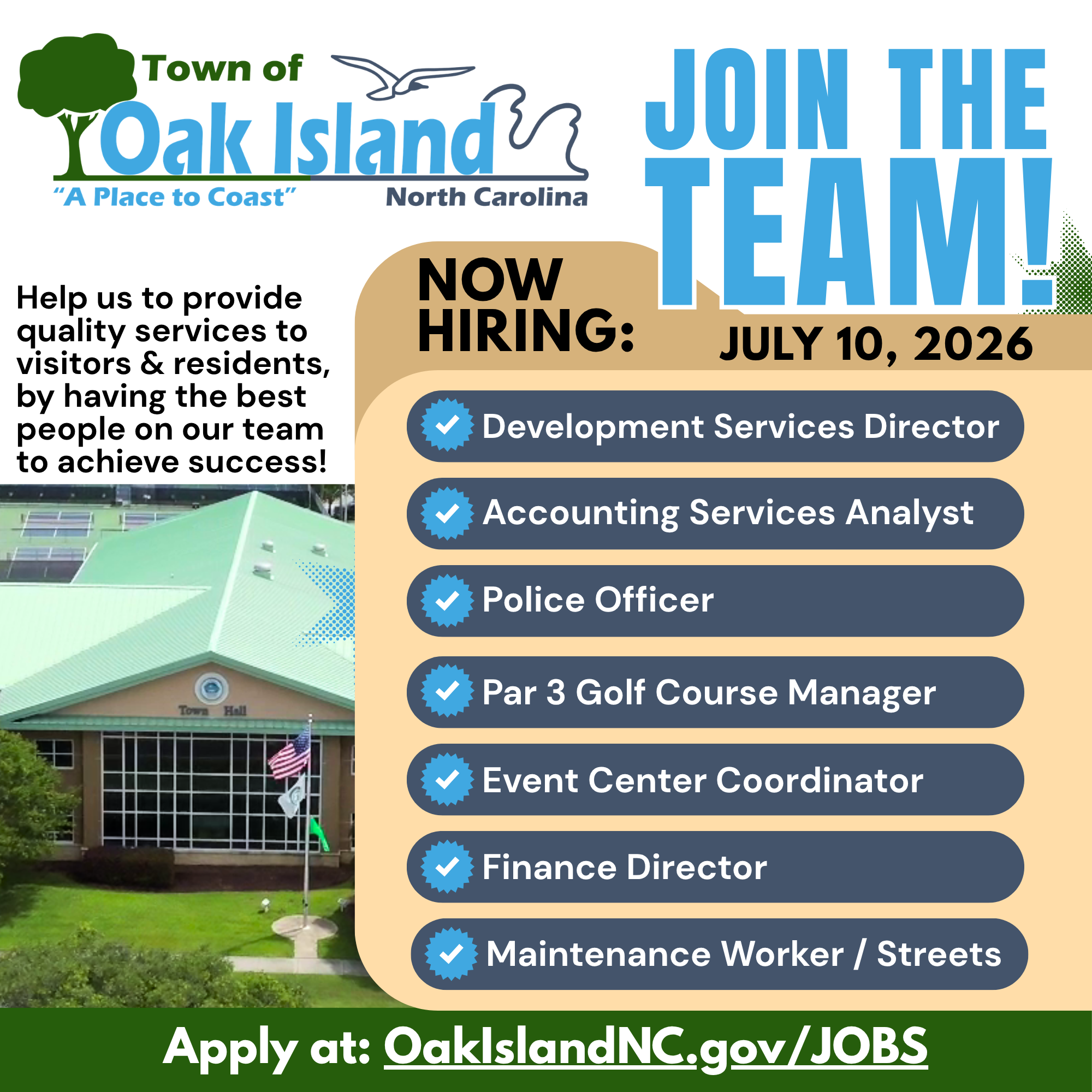 Now Hiring Job Listings Graphic showing the Town Logo and Town Hall, with a listing of open job positions below