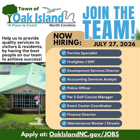 Now Hiring Job Listings Graphic showing the Town Logo and Town Hall, with a listing of open job positions below