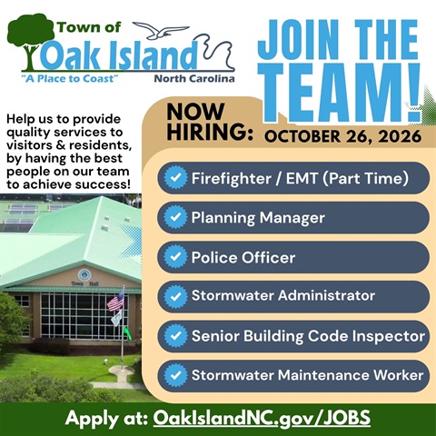 Now Hiring Job Listings Graphic showing the Town Logo and Town Hall, with a listing of open job positions below